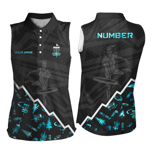 Blue Neon Black Womens Disc Golf Sleeveless Polo Shirts Custom Name And Number Disc Golf Gifts For Women TY1