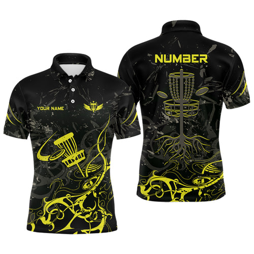 Yellow Camo Black Mens Disc Golf Polo Shirts Custom Disc Golf Basket Tree Personalized Golf Gifts For Men TY2