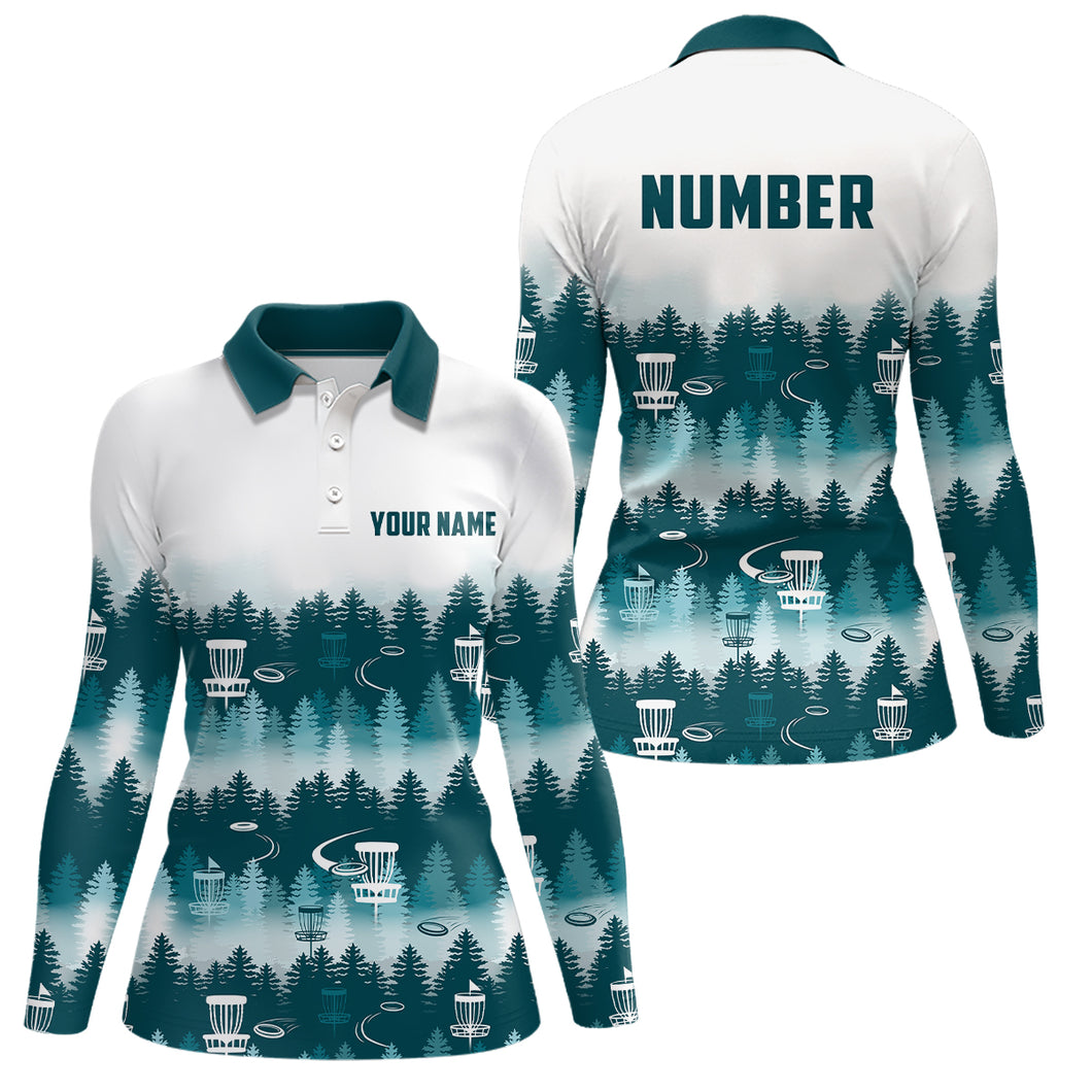 Disc Golf Forest Pattern Womans Disc Golf Polo Shirt Custom Name And Number Disc Golf Gifts For Woman YYD0016