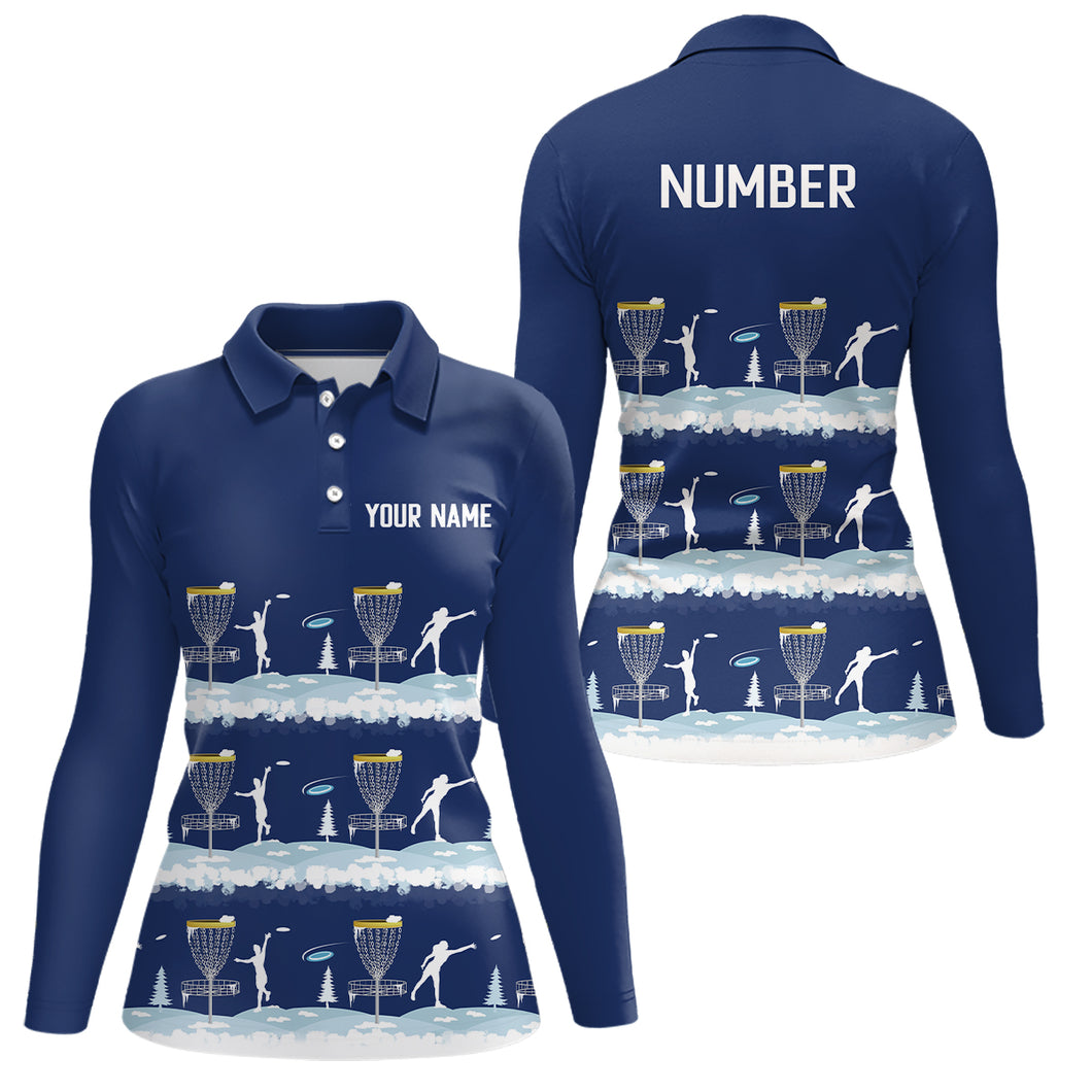Winter Disc Golf Pattern Womans Disc Golf Polo Shirt Custom Name And Number Disc Golf Gifts For Woman | Dark Blue YYD0018