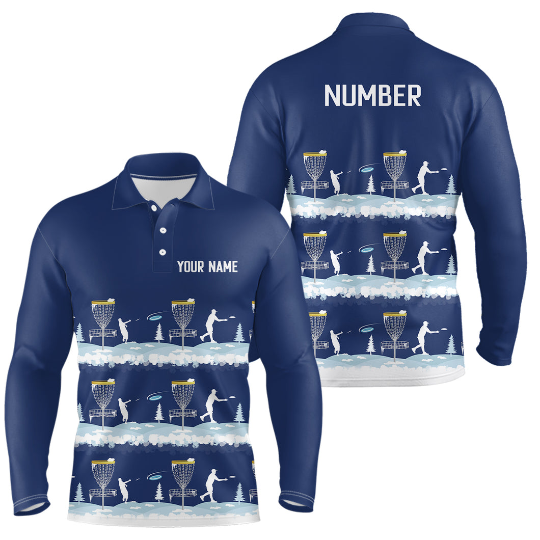 Winter Disc Golf Pattern Mens Disc Golf Polo Shirt Custom Name And Number Disc Golf Gifts For Men | Dark Blue YYD0018