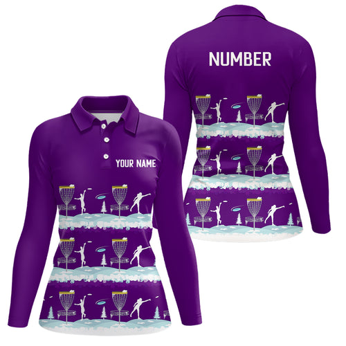 Winter Disc Golf Pattern Womans Disc Golf Polo Shirt Custom Name And Number Disc Golf Gifts For Woman | Purple YYD0019