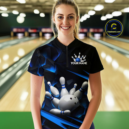 Personalized Bowling Abstract Design Quarter Zip Shirts For Women Custom Bowling Team Jersey 1/4 Zip Shirts YYD0022