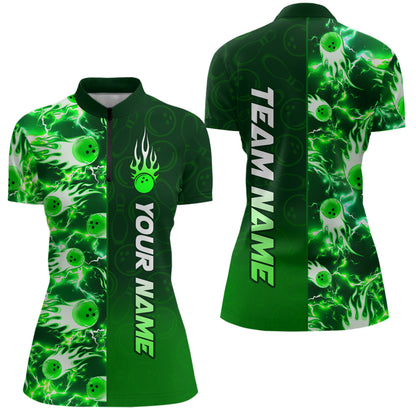 Bowling Quarter Zip Shirts For Women Custom Name Bowling Flame Lightning Team Jersey Shirt YYD0030
