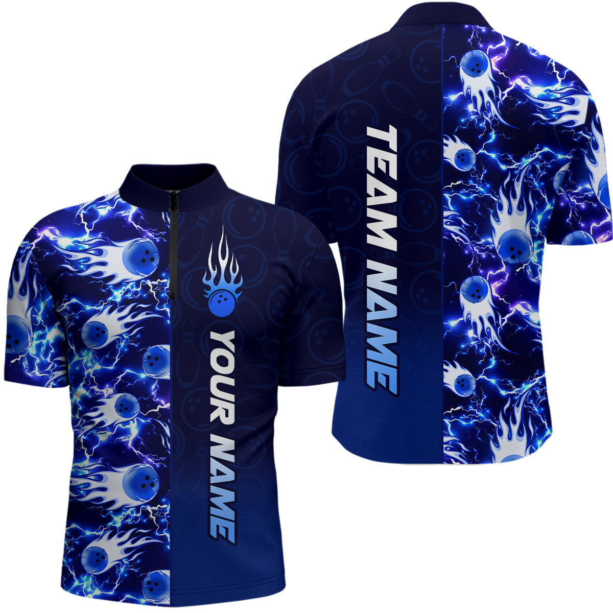 Bowling Quarter Zip Shirts For Men Custom Name Bowling Flame Lightning Team Jersey Shirt YYD0030