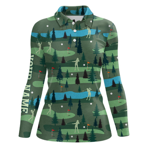 Golf Polo Shirts For Womens Custom Name, Golf Course Pattern Vintage Shirt Gifts YYD0031