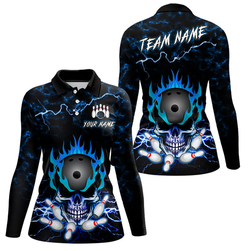 Blue Skull Fire Bowling Shirt For Womens Custom Name Bowling Team Jersey Shirt YYD0068