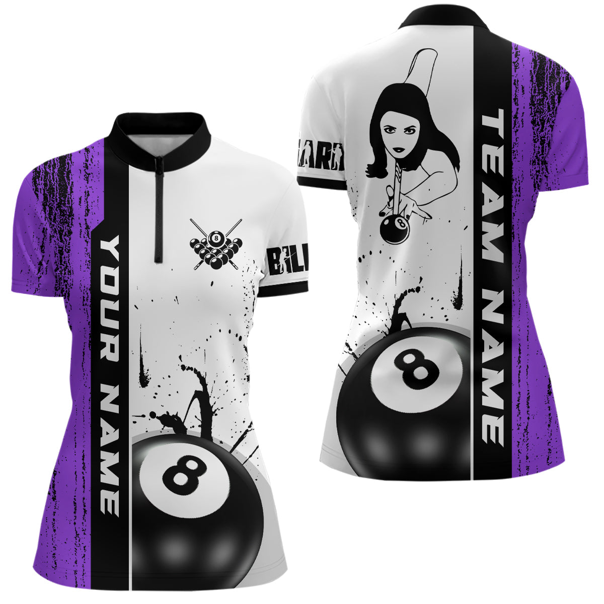 Ball 8 Grunge Ink Style Billiard Women Quarter-Zip Shirts Custom Name Billiard Shirt Colors YYD0069