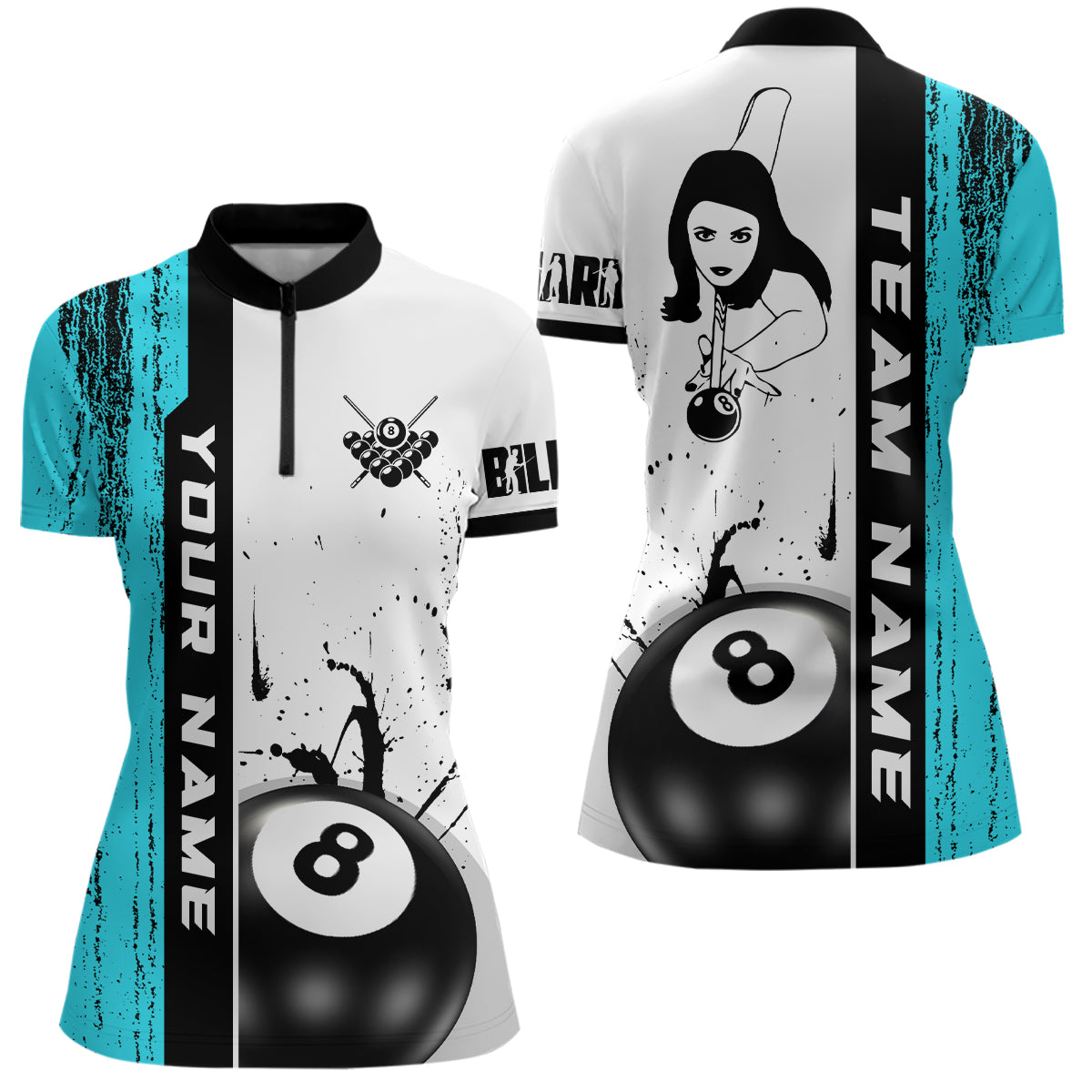 Ball 8 Grunge Ink Style Billiard Women Quarter-Zip Shirts Custom Name Billiard Shirt Colors YYD0069