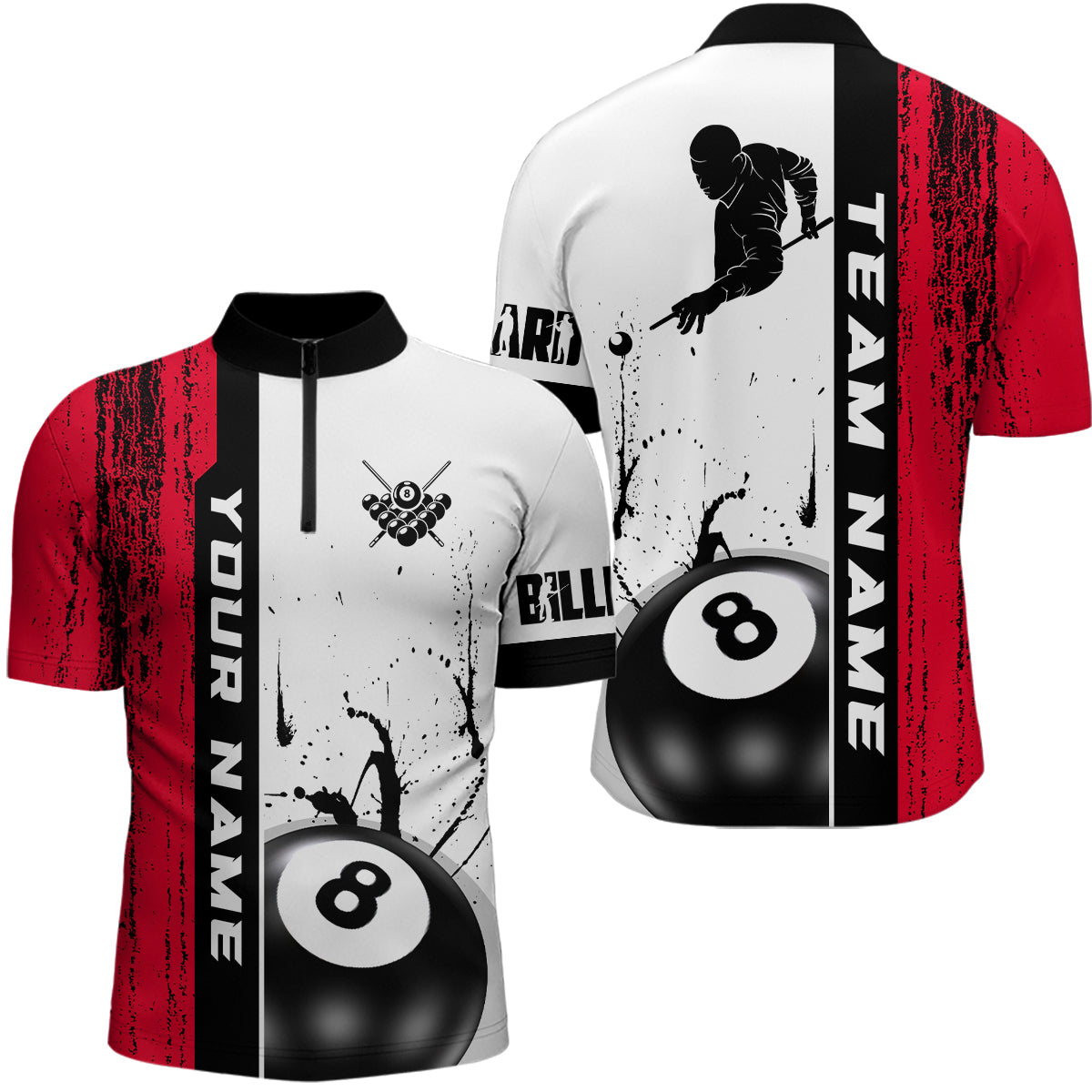Ball 8 Grunge Ink Style Billiard Men Quarter-Zip Shirts Custom Name Billiard Shirt Colors YYD0069