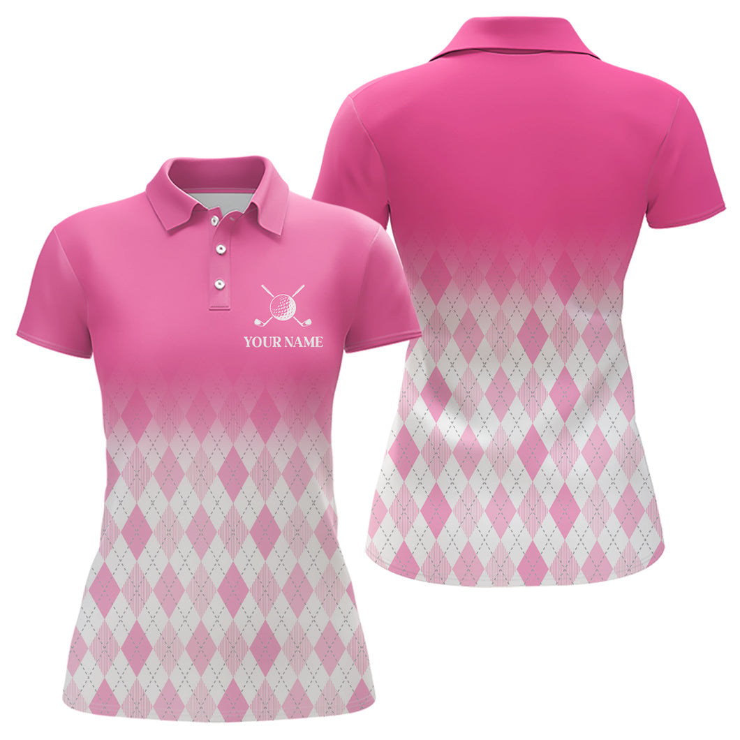 Argyle Pattern Golf Polo Shirts For Womens Custom Name, Golf Pattern Pink Shirt Gifts YYD0032