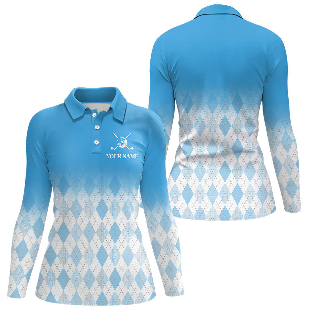 Argyle Pattern Golf Polo Shirts For Womens Custom Name, Golf Pattern Blue Shirt Gifts YYD0033