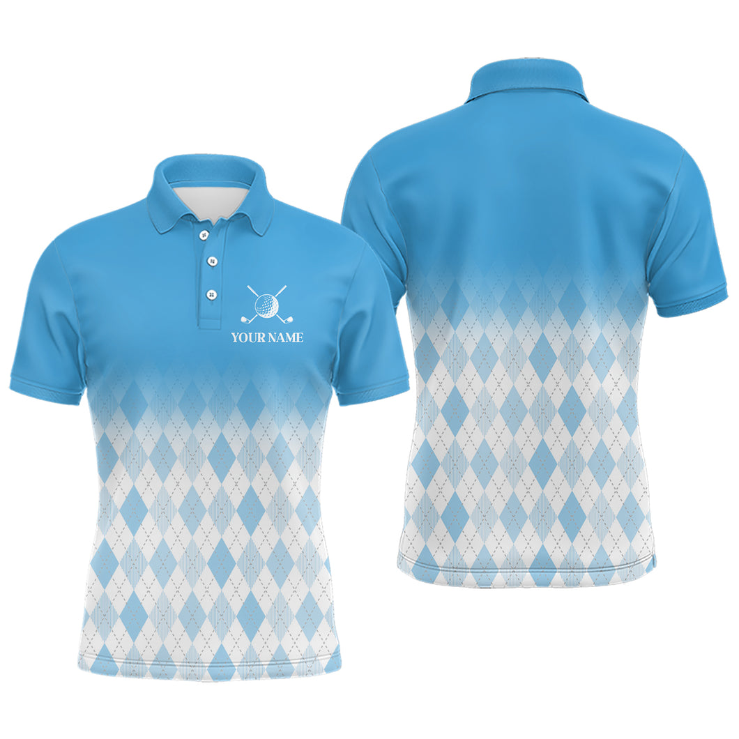 Argyle Pattern Golf Polo Shirts For Mens Custom Name, Golf Pattern Blue Shirt Gifts YYD0033