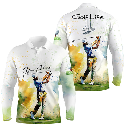 Golf Player Man Watercolor Golf Polo Shirts For Mens Custom Name, Golfer Watercolor Shirt Gifts YYD0051