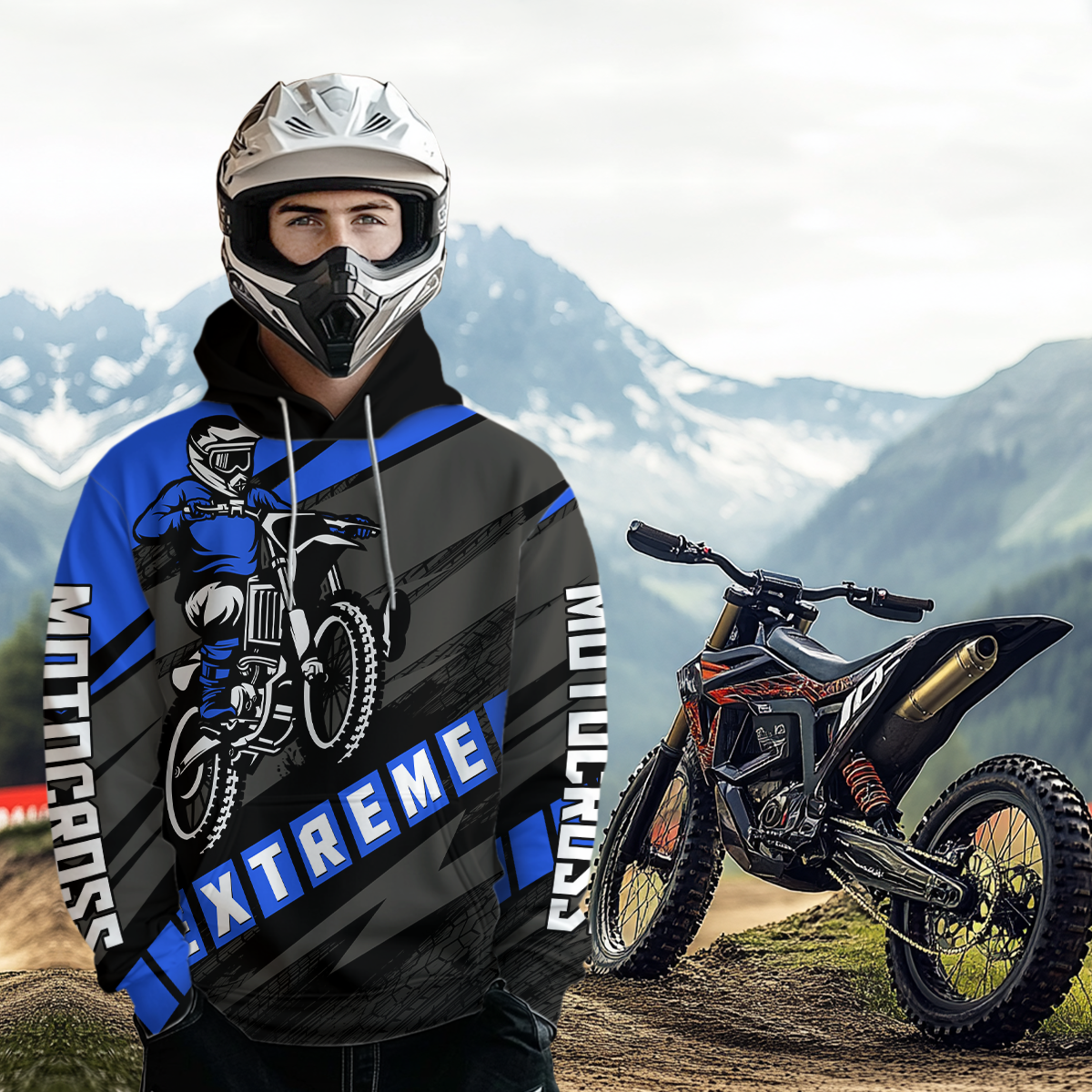 Personalized Blue Motocross Hoodie Dirt Bike Racing Hoodie for Adult Men Women MH155
