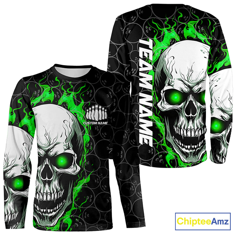 Custom Green Flame Skull Bowling Shirts For Men And Women, Bowling Team Long Sleeve Bowling Shirts IPHW5008