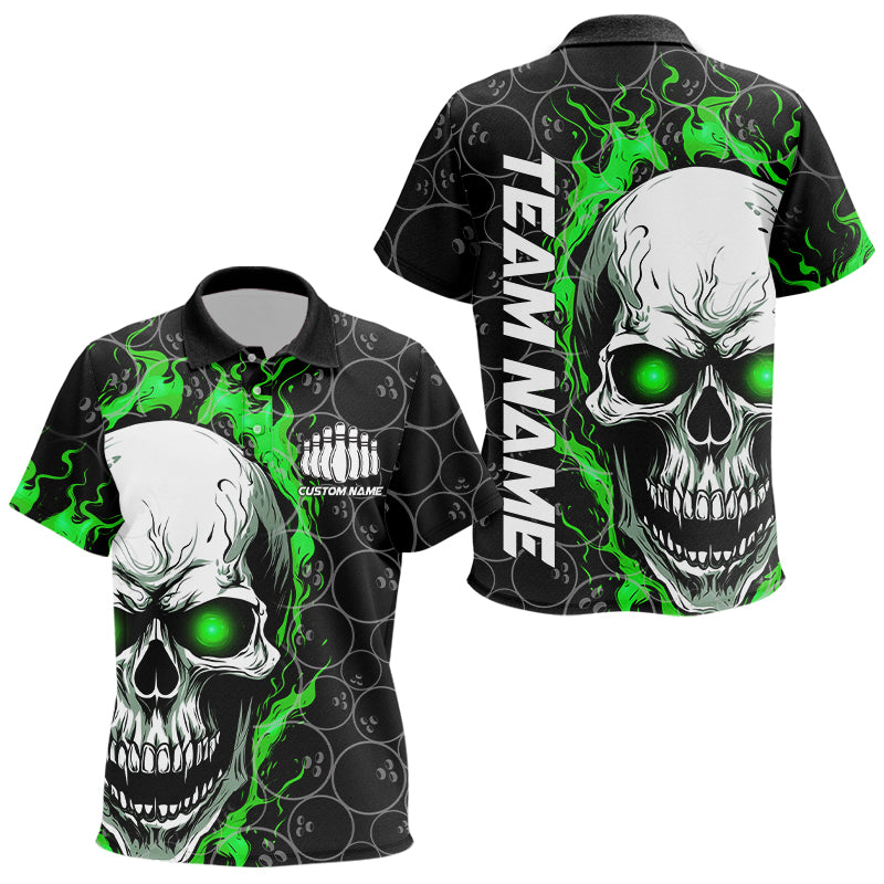Custom Green Flame Skull Bowling Polo Shirt For Kid, Halloween Bowler Jerseys IPHW5008