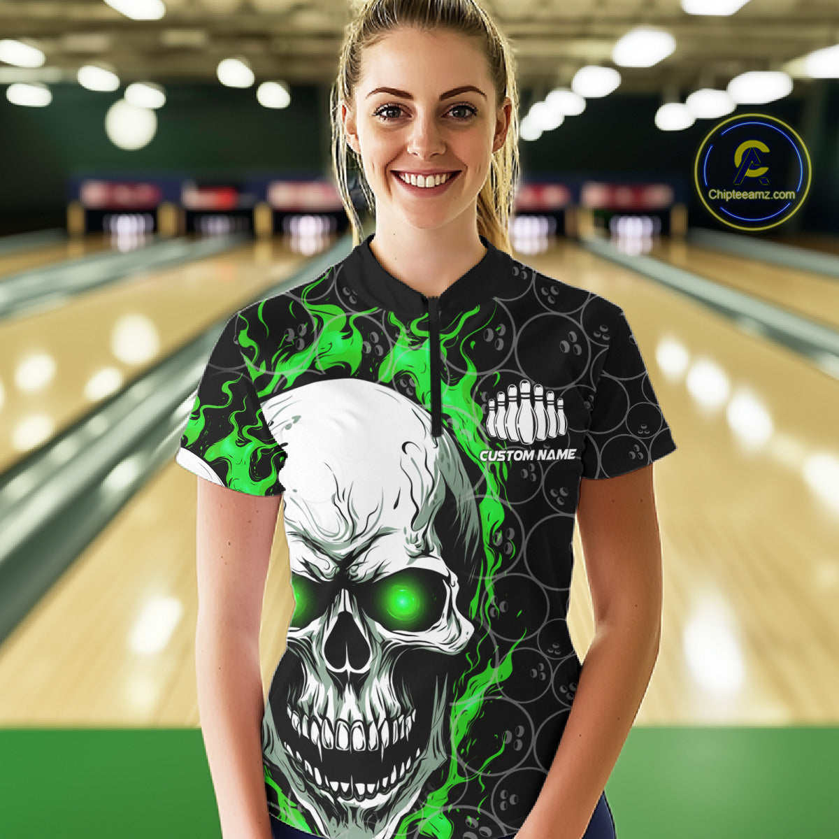 Personalized Skull Bowling Shirt For Women Custom Team'S Name Flame Bowler Jerseys |  Green IPHW5008