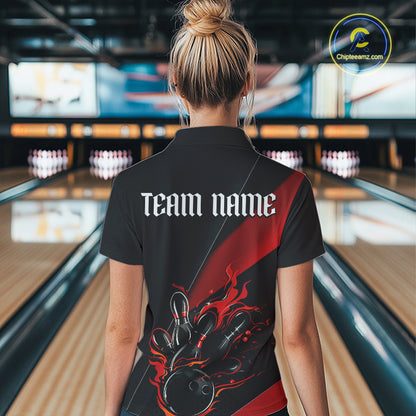 Black And Red Custom Name Bowling Tournament Jerseys For Women, Bowling Team Shirts IPHW6185