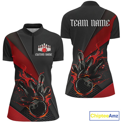 Black And Red Custom Name Bowling Tournament Jerseys For Women, Bowling Team Shirts IPHW6185
