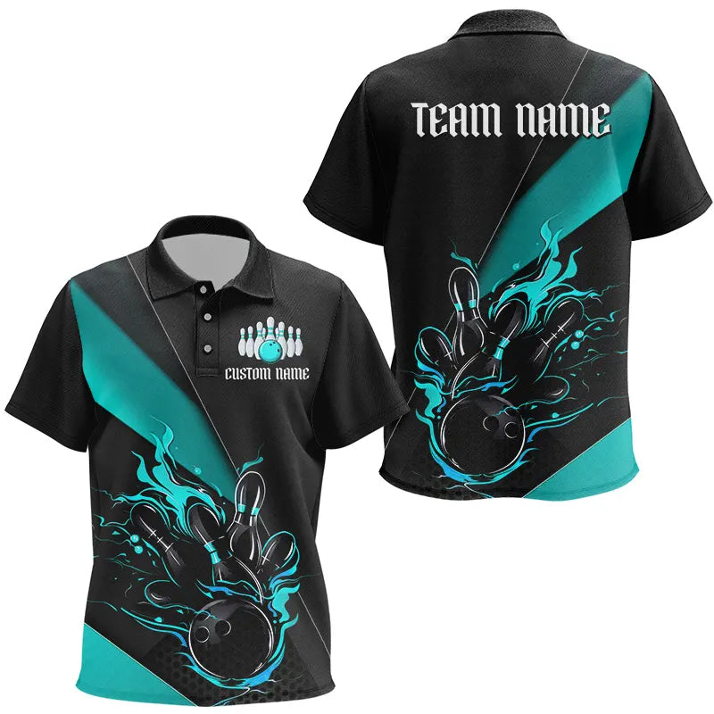 Custom Black And Blue Flame Bowling Tournament Kid Polo Shirts, Bowling Team Shirts IPHW6186