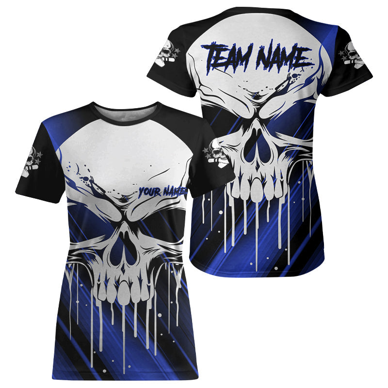 Custom Blue Skull Bowling T-Shirts For Women, Halloween Bowlers Jerseys IPHW5321