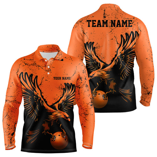 Custom Orange Eagle Men Bowling Long Sleeve Polo Shirts Grunge Vintage Bowling Team Jerseys IPHW5343