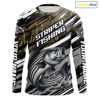 Striped Bass Fishing Camo Long Sleeve Fishing Shirts, Custom Striper Tournament Fishing Jerseys IPHW5954