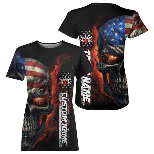 Custom Flame American Flag Skull Bowling Team Women T-Shirts Shirt, Patriotic Bowling Jerseys IPHW5176
