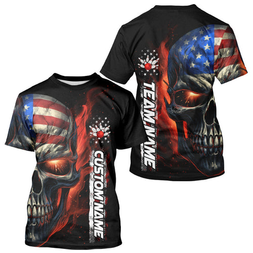 Custom Flame American Flag Skull Bowling Team Men T-Shirts Shirt, Patriotic Bowling Jerseys IPHW5176