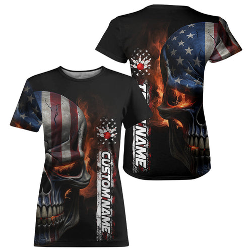 Flame Skull American Flag Custom Team Bowling Women T-Shirts, Patriotic Bowling Jerseys IPHW5177