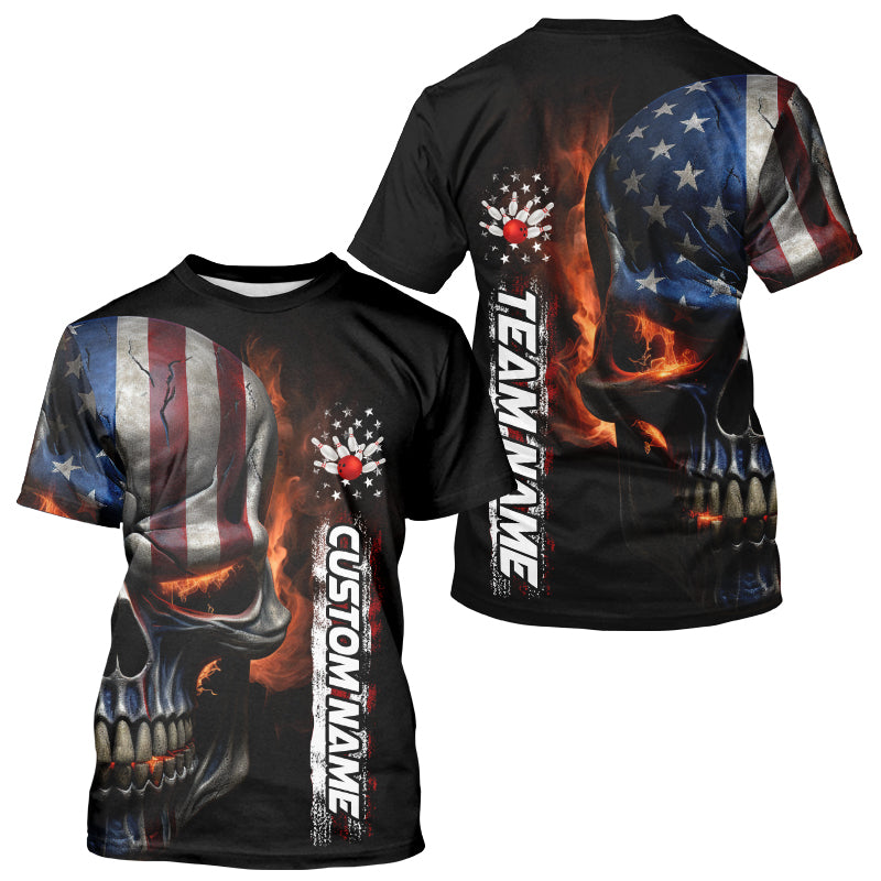 Flame Skull American Flag Custom Team Bowling Men T-Shirts, Patriotic Bowling Jerseys IPHW5177