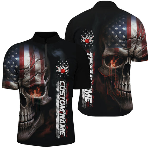 Flame Skull American Flag Custom Team Bowling Shirts For Men, Patriotic Bowling Shirt Jerseys IPHW5178