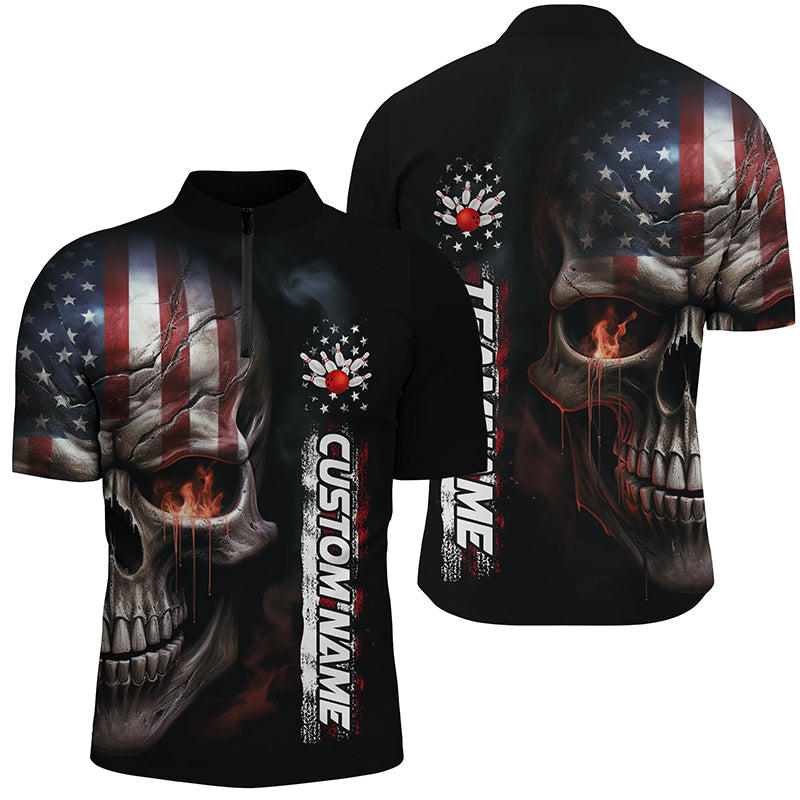 Flame Skull American Flag Custom Team Bowling Shirts For Men, Patriotic Bowling Shirt Jerseys IPHW5178