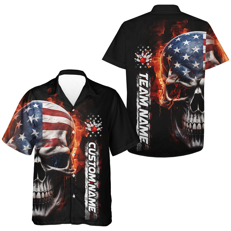 Flame Skull US Flag Custom Team Bowling Kid Hawaiian Shirts, Patriotic Halloween Bowling Jersey IPHW5179