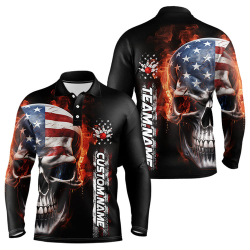 Flame Skull American Flag Custom Team Bowling Men Long Sleeve Polo Shirts, Patriotic Bowling Jersey IPHW5179