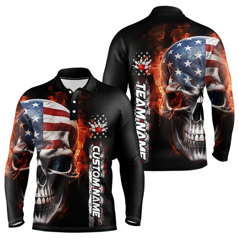 Flame Skull American Flag Custom Team Bowling Men Long Sleeve Polo Shirts, Patriotic Bowling Jersey IPHW5179