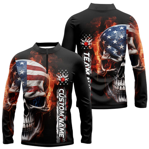 Flame Skull American Flag Custom Bowling Men Long Sleeve Quarter-Zip Shirt, Patriotic Bowling Jersey IPHW5179