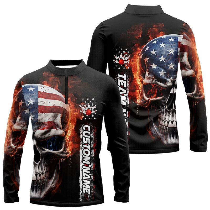 Flame Skull American Flag Custom Bowling Men Long Sleeve Quarter-Zip Shirt, Patriotic Bowling Jersey IPHW5179