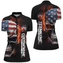 Load image into Gallery viewer, Flame Skull American Flag Custom Women&#39;s Team Bowling Shirts, Patriotic Bowling Shirt  IPHW5179