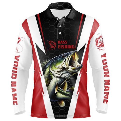 Custom Bass Fishing Jerseys, Largemouth Bass Long Sleeve Polo Fishing Shirts | Red IPHW3400