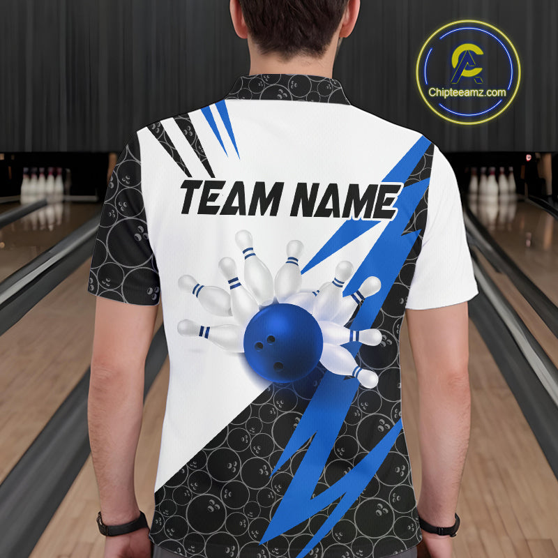 Black and White Bowling Polo, Quarter Zip Shirt for Men Custom Lightning Team bowling jerseys | Blue NQS9837