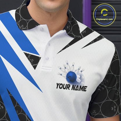 Black and White Bowling Polo, Quarter Zip Shirt for Men Custom Lightning Team bowling jerseys | Blue NQS9837