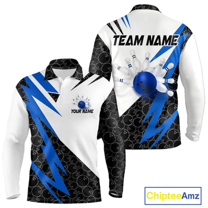 Black and White Bowling Polo, Quarter Zip Shirt for Men Custom Lightning Team bowling jerseys | Blue NQS9837