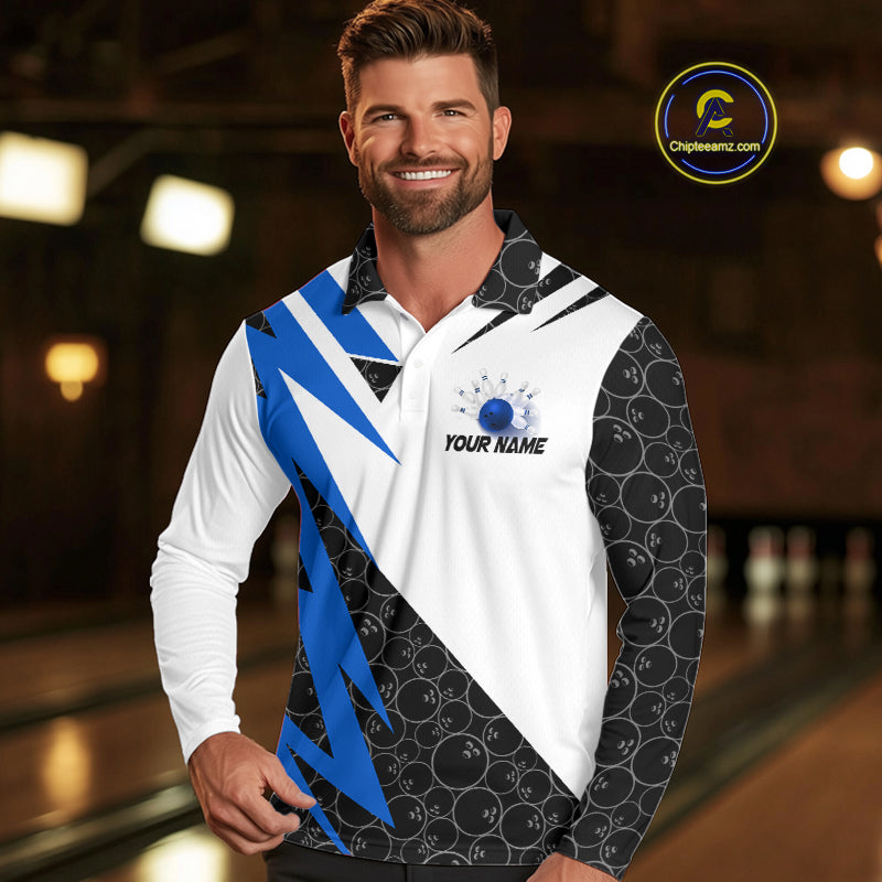 Black and White Bowling Polo, Quarter Zip Shirt for Men Custom Lightning Team bowling jerseys | Blue NQS9837