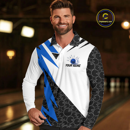 Black and White Bowling Polo, Quarter Zip Shirt for Men Custom Lightning Team bowling jerseys | Blue NQS9837