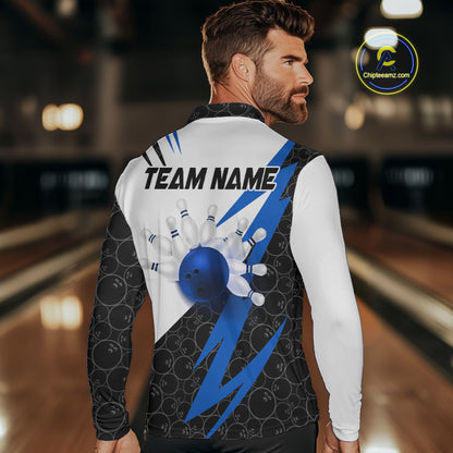 Black and White Bowling Polo, Quarter Zip Shirt for Men Custom Lightning Team bowling jerseys | Blue NQS9837