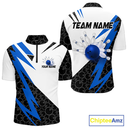 Black and White Bowling Polo, Quarter Zip Shirt for Men Custom Lightning Team bowling jerseys | Blue NQS9837