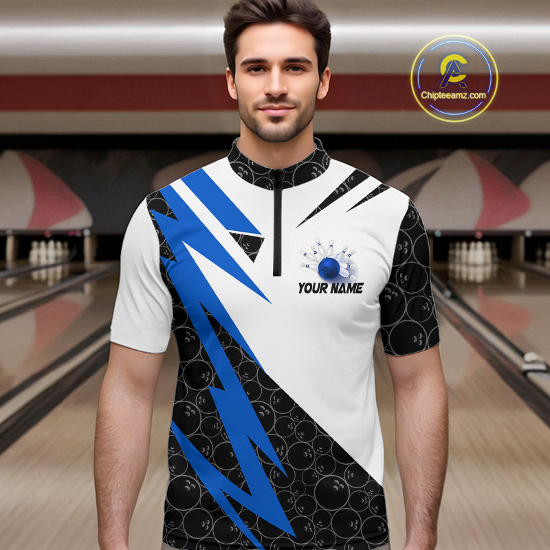 Black and White Bowling Polo, Quarter Zip Shirt for Men Custom Lightning Team bowling jerseys | Blue NQS9837