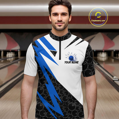 Black and White Bowling Polo, Quarter Zip Shirt for Men Custom Lightning Team bowling jerseys | Blue NQS9837